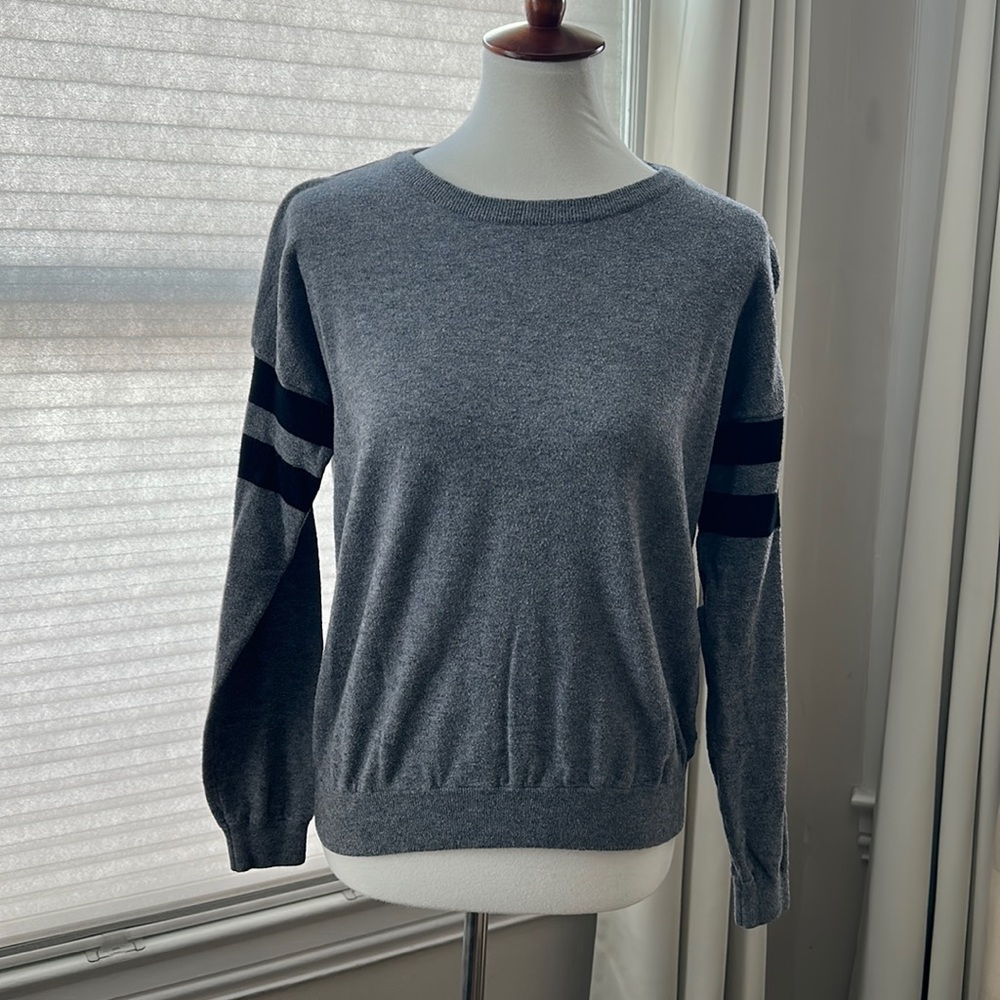 Grey Sweater with Double Black Striped Arms